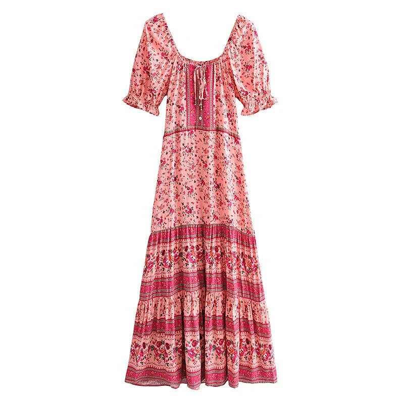 Pink Rose Garden Boho Floral Print Maxi Dress