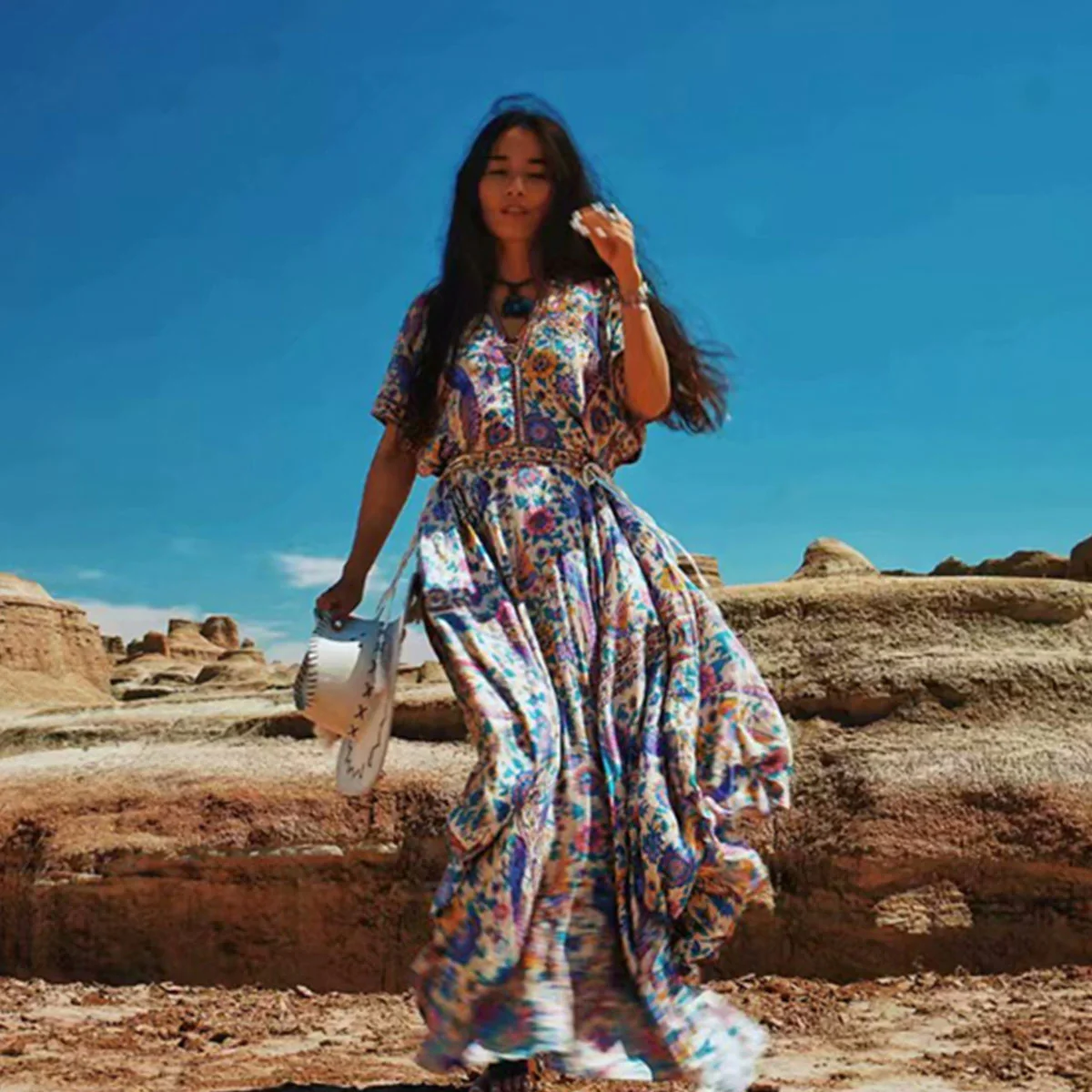 Songbird Boho Floral Print Midi Dress