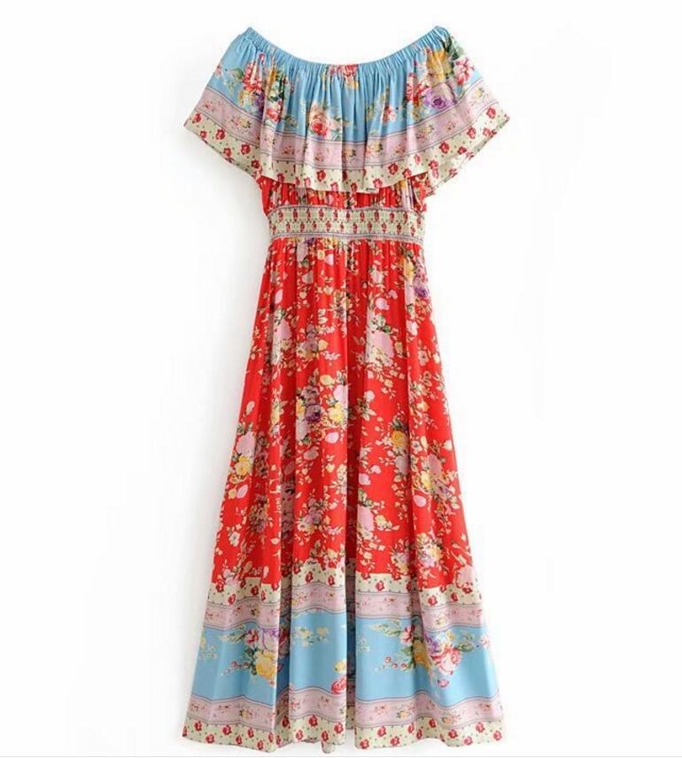 Romantic Red Boho Floral Print Maxi Dress