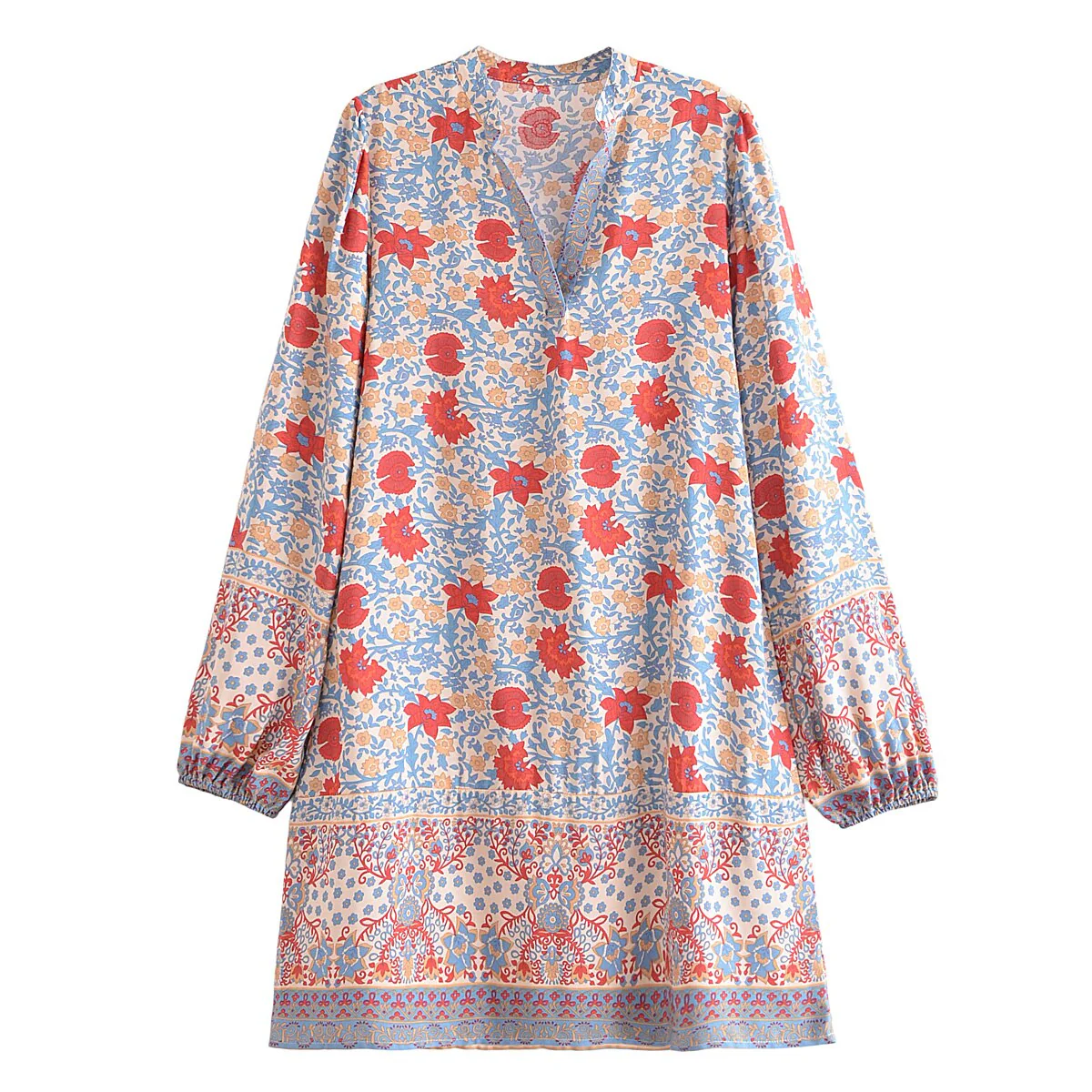 Tranquil Blue Boho Floral Print Long Sleeve Mini Dress