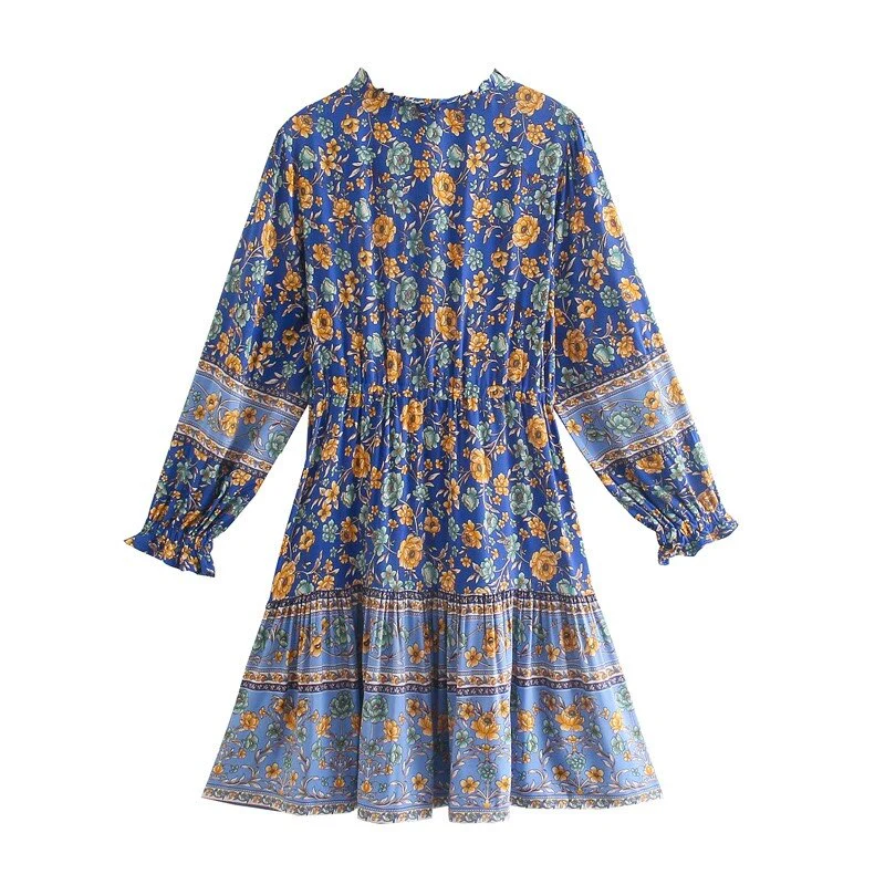 Cornflower Blue Boho Floral Print Mini Dress