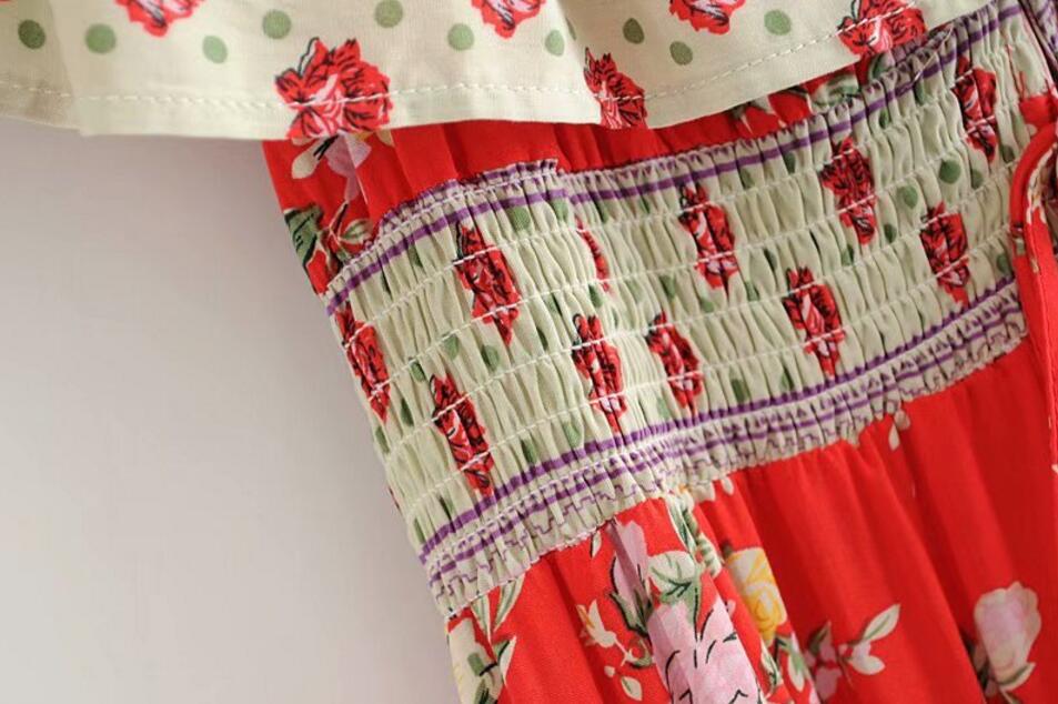 Romantic Red Boho Floral Print Maxi Dress