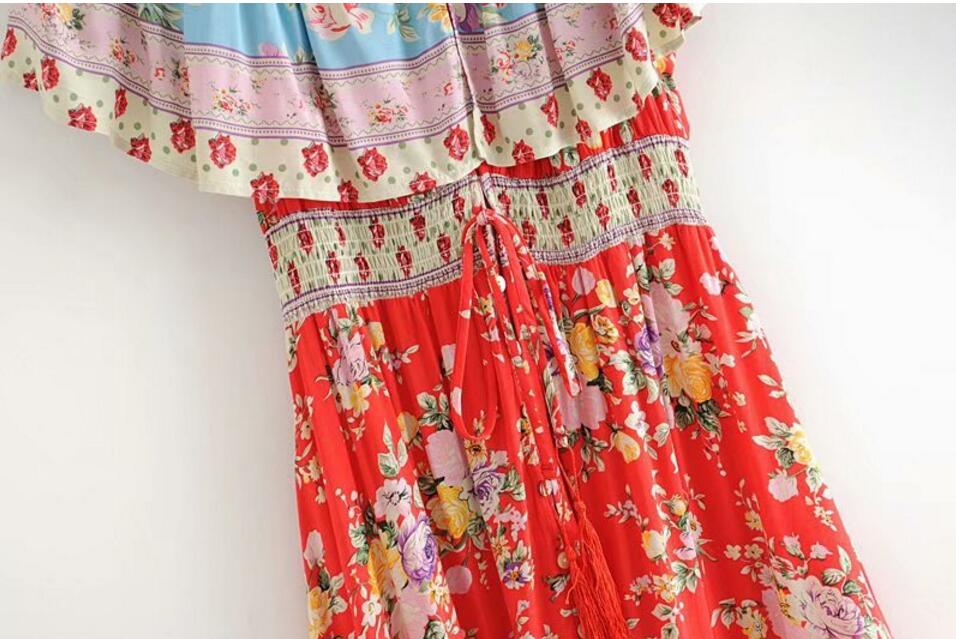 Romantic Red Boho Floral Print Maxi Dress
