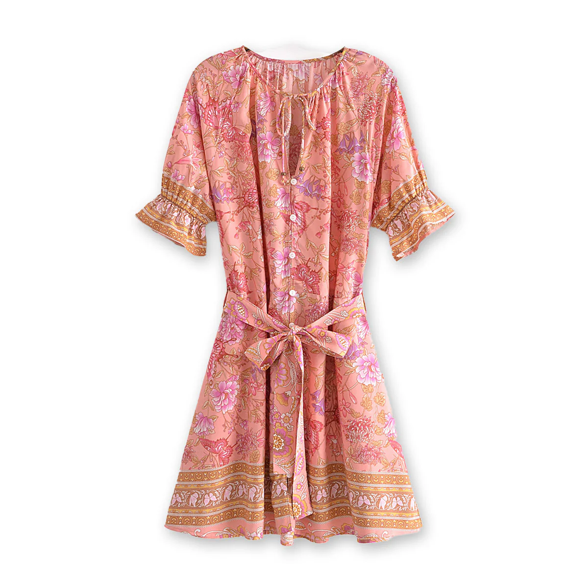Pretty Pink Butterfly Boho Floral Print Mini Dress