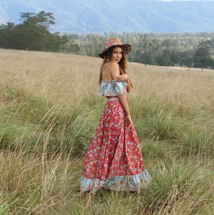Romantic Red Boho Floral Print Maxi Dress