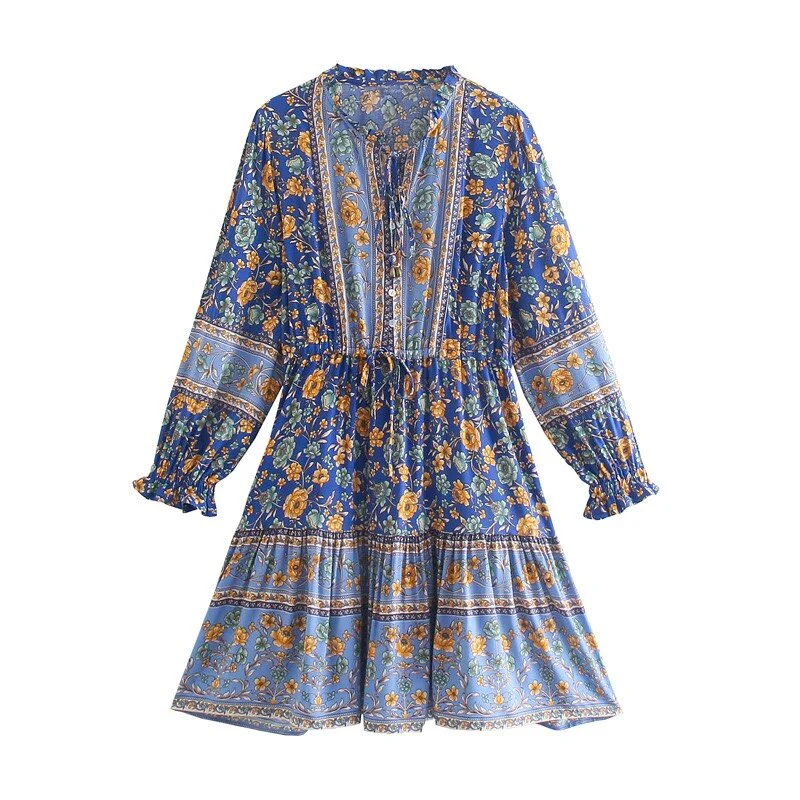 Cornflower Blue Boho Floral Print Mini Dress