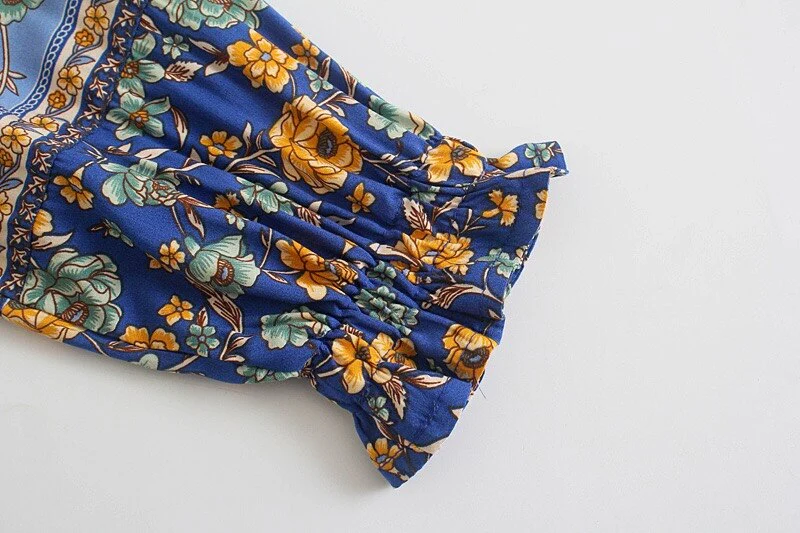 Cornflower Blue Boho Floral Print Mini Dress